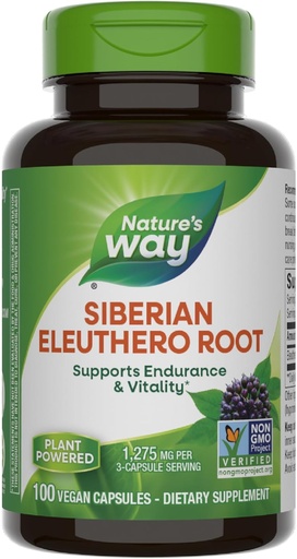 [BRSWIY3ROYPRYEYZ] Natural Way Premium Herbal Siberian Eleuthero Root Suplemento, apoya la resistencia " Vitality*, Adaptogen*, 1.275 mg por 3-Capsule Serving, Non-GMO Project Verified, 100 cápsulas (Packaging May Vary)