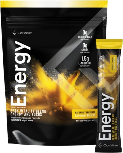 [BRSRAGAZBV5WKCD4] Energy | Natural Energy & Focus Supplement | with Carnosyn®, Ashwagandha, L-Arginine, Theobromine | Zero Sugar, 5 Calories, 120mg Caffeine | 15 Stick Packs for Mental & Physical Boost | Lemon