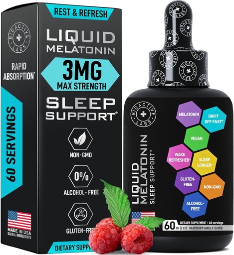 [BRSROZD7AV5AO2AV] Liquid Melatonin for Adults and Children - 3mg Extra Strength Sublingual Liquid Melatonin for Kids and Adults - Sleep Fast Liposomal Drops - Natural Raspberry Flavor Sleep Aid - 60ml