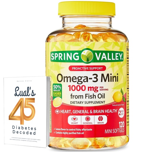 [BRSRMBDQPIBRYADK] Spring Valley Omega-3 Mini from Fish Oil 1000 mg, 120 Count, Dietary Supplement, Omega 3 Mini Softgels Bundle with Luall's 45 Diabetes Decoded