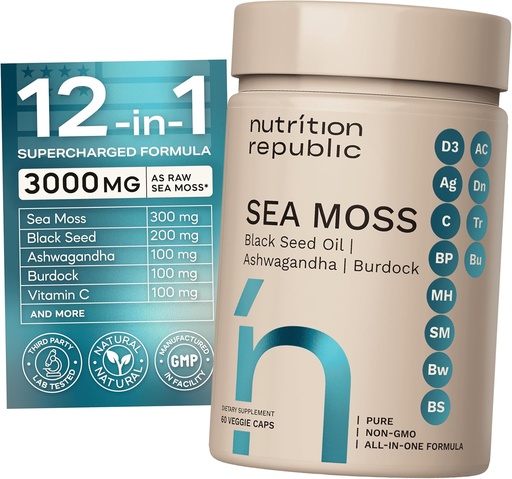 [BRSRAGAPDEHAA3TX] Phụ Sea Mos, Sea Mos Capsules với dầu hạt giống đen, Ashwaganda và Burdock Root, trợ cấp đa năng với vitamin C, 60 Vegie Capsules