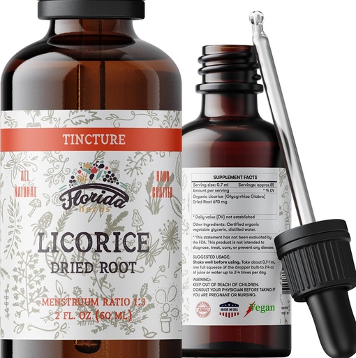 [BRSWGFAFCEAWOEIU] Licorice Tincture, Organic Licorice Extract (Glycyrrhiza Glabra) Dried Root, Herbal Supplement, Non-GMO in Cold-Pressed Organic Vegetable Glycerin 2 oz, 670 mg