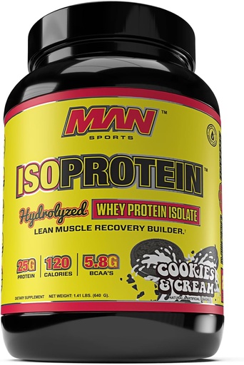 [BRSRMHYOCQPA2AIY] MAN Sport nou aroma ISO-Protein Hidrolized 100% pur Whey Proteine Izolate pulbere, cookie-uri și Cream, 1.42 Lire (20 zile de aprovizionare)