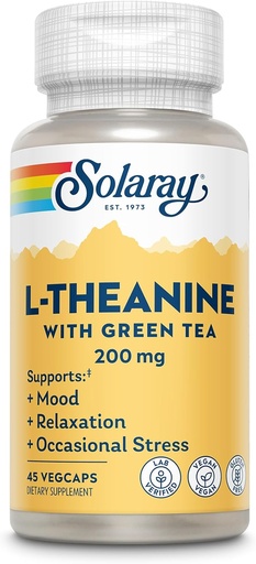 [BRSWKHQEBQARWETK] SOLARAY L-Theanine 200mg con té verde - Modo saludable, relajación y estrés ocasional Apoyo - Lab Verificado, Vegan, Gluten Gratis - 45 Servimientos, 45 VegCaps