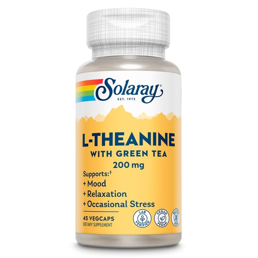 [BRSWKHQEBQARWETK] SOLARAY L-Theanine 200mg with Green Tea - Healthy Mood, Relaxation and Occasional Stress Support - Lab Verified, Vegan, Gluten Free - 45 Servings, 45 VegCaps