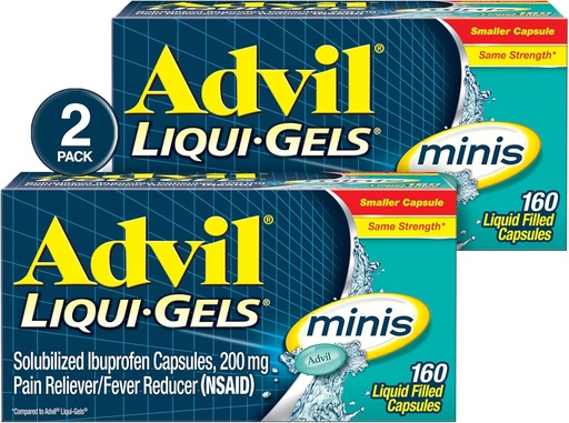 [BRSWGFAQBZ6BAAYZ] Advil Liqui- Gels minis Pain Reliever and Fever Reducer, Pain Medicine pro dospělé s Ibuprofen 200mg pro Pain Relief - 2x160 Tekuté plněné tobolky