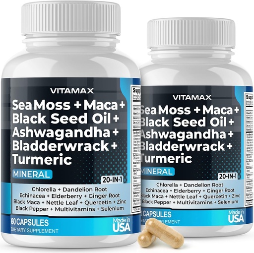 [BRSROBQHOZ6GG33V] Sea Moss, Maca, Black Seed Oil, Ashwagandha, Bladderwrack, Turmeric - Elderberry, Vitamins C & D3, Dandelion & Black Pepper - Made in USA- 120ct