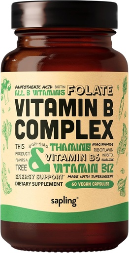 [BRSWYED6AUOQYEI2] σύμπλοκο Vegan Vitamin B Complex - Ολόκληρη ανάμειξη τροφίμων με τις βασικές βιταμίνες B1, B2, B3, B5, B6, B7, Folate, B12-60 Caps