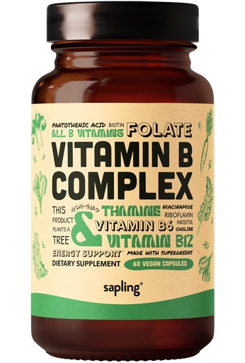 [BRSWYED6AUOQYEI2] sapling Vegan Vitamin B Complex - Whole Food Blend with Essential B Vitamins B1, B2, B3, B5, B6, B7, Folate, B12-60 Caps