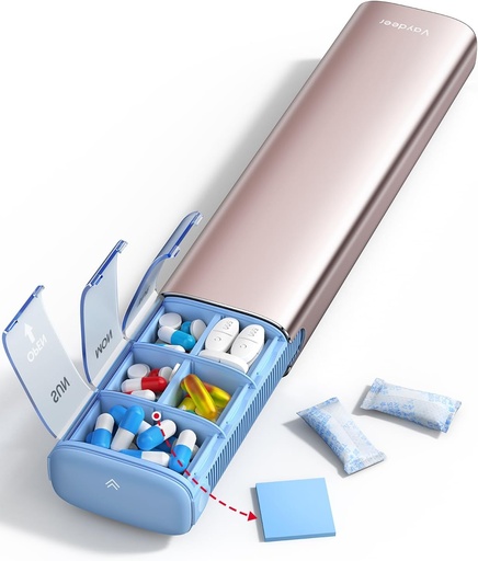[BRSROAA5BZ5GAAA7] Vayjen 7 Day Weekly Pill Organizator (Wsparcie 2 razy dziennie), Metal Travel Pill Case, Duża pojemność codziennie Cute Pill Box na suplementy, Pigułki, Witaminy i Medykacja (Rose Gold), 8.3 * 2.1 * 1.2 Inch