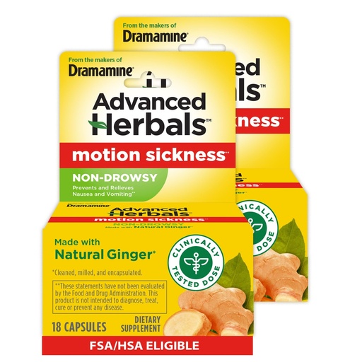 [BRSWKEY7BIIQKFT2] From the Makers of Dramamine, Advanced Herbals with Natural Ginger, for Nausea Relief, Morning Sickness Relief & Motion Sickness Relief During Travel, 18 Capsules, Pack of 2