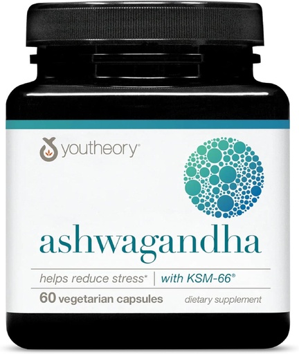 [BRSWGBQ6CBYAYD3D] Youtheory Ashwagandha - 1000 mg - Supplément de soutien pour l'énergie, le sommeil, le stress et le cortisol - Mélange à base de plantes adaptogènes avec KSM-66 Ashwagandha & Ginger - 60 capsules végétariennes (30 jours d'approvisionnement)