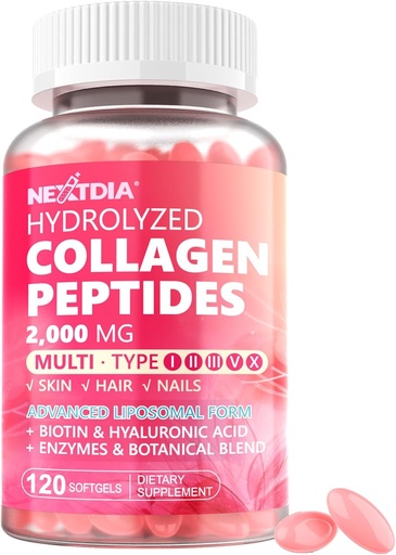 [BRSRAFAYOEHGYC3O] Píptidos de colágeno hidrolizado para mujeres 2000mg Forma Liposómica Tipo I, II, III, V, X para absorción óptima, Softgels multi colágeno, Suplementos de colágeno con cabello, piel y uñas Vitaminas 120 Cts