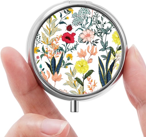 [BRSRA2YBOJYWOFY3] Mini Pill Box, Small Pill Box, Portable Pill Box, Cute Pill Organizer for Vitamins, Medications, Fish Oil and Supplements (White Flowers)