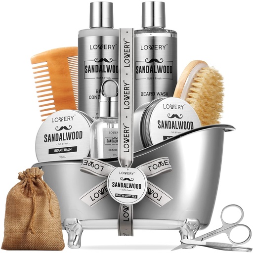 [BRSW2AAKOUBBGELU] Mens Gifts, Sandalwood Beard Grooming Kit, Mens Grooming Kit for Boyfriend Dad, Him, 11pc Beard Straightener for Men Beard Care, Beard Growth and Trimming Gift, Beard Wash Growth Oil & More
