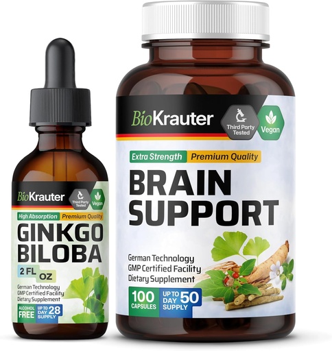 [BRSRAAAFBB6BGYA6] BIO KRAUTER Ginkgo Biloba Tincture 2 Fl. Oz. & Brain Support 100 kapselia