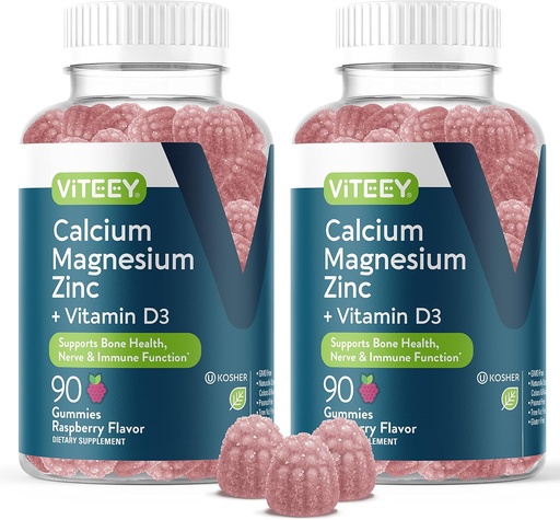 [BRSRMZQ7OB7QAADG] Viteey Calcium Magnesium Zinc Gummies with Vitamin D3 - Supports Bone Health, Nerve & Immune Function - Calcium Magnesium Zinc D3 for Adults & Teens - GMO Free - Chewable Raspberry Flavored Gummy