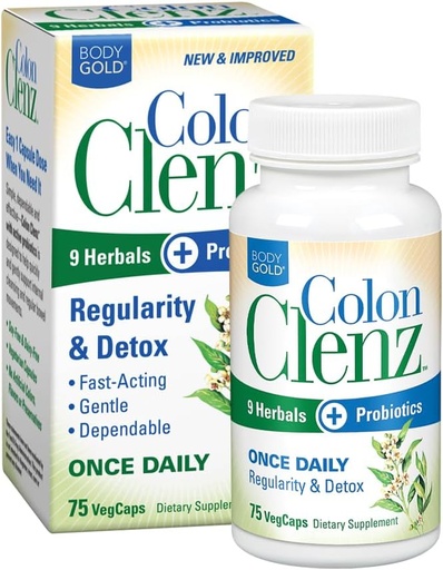 [BRSWIYYICUMBYDI3] Body Gold Colon Clenz Regularity & Detox Formula (une fois par jour) Support avec 9 herbes + probiotiques actifs (75 CT)
