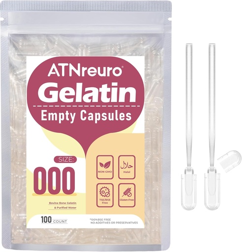 [BRSRAFIFAQMBSCDA] Size 000 Empty Gelatin Capsules with 2 Micro Spoons - 100 Count Empty Clear Capsule - Empty Pill Capsules for Powders Supplements