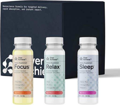 [BRSROAADDNYQIADP] Supplement Variety Pack with Advanced Nanoscience Technology, 12 Pack, Stress Calming Relax Drink, Sleep Aid Drink, Nootropic Brain Supplement Focus Drink, 2 oz Shot
