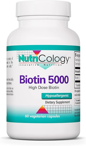 [BRSWIY37BF4RS3D2] Nutricología Biotina 5000 Suplemento - 5000mcg Biotina, Vitaminas para el cabello, la piel y las uñas, alta dosis, cápsulas vegetarianas, hipoalergénico, libre de gluten - 60 Conde