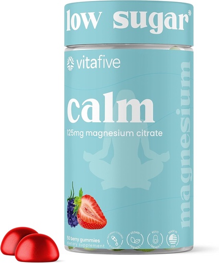 [BRSW2AYNDN5QK3AZ] Vitafive Low Sugar Calm Magnesium Gummies, 125mg of Magnesium Citrate, Natural Mixed Berry Flavor, Vegan, Gluten Free (50 Ct)