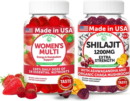 [BRSRABIQC4OWYC3B] Lunakai USA Made Womens Multivitamin & Shilajit Gummies Bundle – Energy, Immune & Vitality Support – Naturally Flavored – 60 Non-GMO Gummies Each