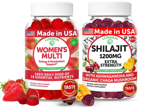 [BRSRABIQC4OWYC3B] Lunakai USA Made Womens Multivitamin & Shilajit Gummies Bundle – Energy, Immune & Vitality Support – Naturally Flavored – 60 Non-GMO Gummies Each