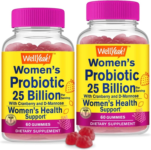 [BRSROZIQAEOQYHLJ] WellYeah 25 Billion Probiotics for Women Cranberry and D-Mannose Gummies (2 Pack) - Vaginal and Gut Health, Digestive Support, and Feminine Health - Womens Probiotic with 12 Strains - 60 Gummies