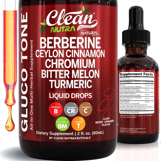 [BRSRAZL4CUIWCFDB] Clean Nutra Berberine with Ceylon Cinnamon Supplement Liquid Drops + Bitter Melon Extract, Glucomannan, Gymnema, Chromium, Turmeric, Organic Panax Ginseng, Moringa GLP-1 Support
