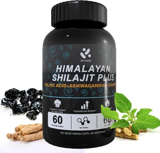 [BRSROGANBENAE3LO] Shilajit Himalayan Supplement 60% Fulvic Acid, 120 Vegan Capsules Supply with Pure Natural Shilajit, Ashwagandha, Ginseng Extract - High in Trace Minerals for Men Energy Support