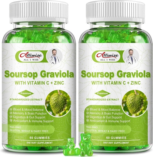 [BRSRAZQ7BMDRUYDA] 2 Pack Supplément Gommies de Sourop Graviola, Feuilles de Sourop originales Extrait avec Vitamines C & Zinc pour les femmes et les hommes, Multivitamine Supplément de Sourop Fruit pour l'immunité et l'antioxydant et l'énergie