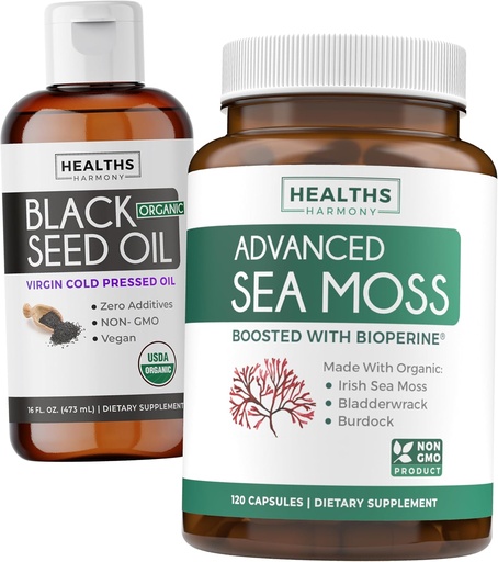 [BRSRAZI7AQFBSFA4] Black Seed Oil Liquid & Sea Moss (2-Month Supply) Sea & Seed Fusion Bundle - Black Seed Oil Liquid (16fl.oz) Premium Cold-Presed Cumin Seed Oil & Organic Irish Sea Moss with BioPerine - Vegan