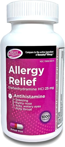 [BRSW2BIOCEGRO23P] Antihistamin, Diphenhydramine HCL 25mg, Relieves Mevsimlik Kapalı veya Açık Enerjiler, Runny Nose, Sneezing Antihistamine (1000 Capsules)