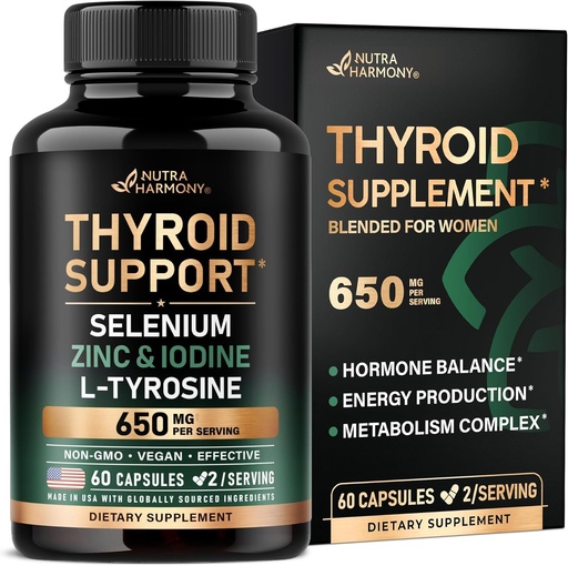 [BRSRABQQCUORYC34] Thyroid Support for Women - Selenium 200 mcg | Astragalus | Zinc & Iodine | L-Tyrosine | Adaptogen Herbs - 21-in-1 Antioxidant & Immune Support - Made in USA - Vegan, Non-GMO, Lab Tested - 60 Capsules
