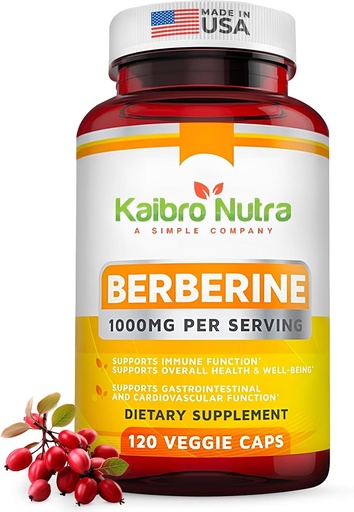 [BRSW2Z3ROFYQY2YY] Kaibro Nutra Berberine 补充1000mg,Berberine HCL 免疫系统,葡萄糖支持,循环和胃肠健康,Vegan & Gluten-Free,120 Capsules