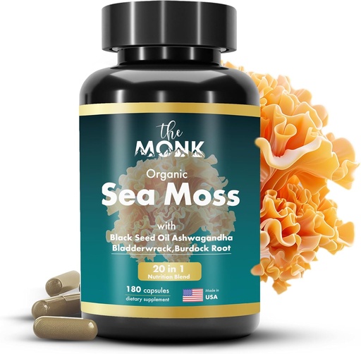 [BRSRAZIDB4FAADT3] Organic Irish Sea Moss Capsules - Advance Formula, Raw Wildcrafted Seamoss Supplement with Bladderwrack and Burdock Root - 180 Pills - Made in The USA