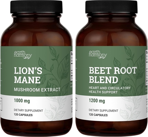 [BRSRMCQYCN5BGGYV] Earth Harmony Organic Lion's Mane & Beet Root Powder - 120 Capsules Each