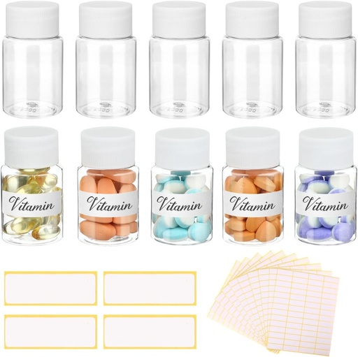 [BRSROFACO4HGGAL3] 10Pcs Pill Bottles with Blank Labels - 30ml Medicine Containers with Screw Caps- Plastic Empty Small Pill Container Leak-Proof Clear Sample Jar for Dispense for Liquid Solid Name Stickers