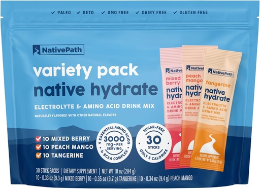 [BRSRAAQ3PJYAM3Q6] NativePath Нативний Hydrate Stick Packs з електролітами та амінокислотами, Пакет сортів, Змішані Беррі, персик Манго, Тангрін, 30 Сервінги