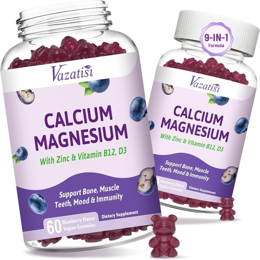 [BRSRAZD7OUMQG2Y7] 2 Pack Calcium Magnesium Zink Gummies med vitamin D3 & B12, sockerfri kalciumtillskott för kvinnor män, Vegan Blueberry smak