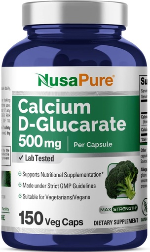 [BRSWYHTYPMIRYFLF] NusaPure Calcio D-Glucarate 500 mg 150 Veggie Caps, Vegan, Non-GMO, Gluten-Free