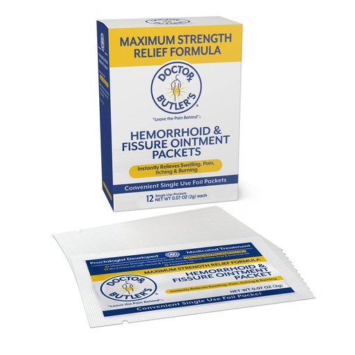[BRSW2GQ2CIPQAA3K] Doctor Butler's Maximum Strength Hemorrhoid & Fissure Ointment 12 to-Go Packets - Instant Pain Relief Hemorrhoid Treatment with Lidocaine, Internal & External Itching, Burning and Swelling Relief