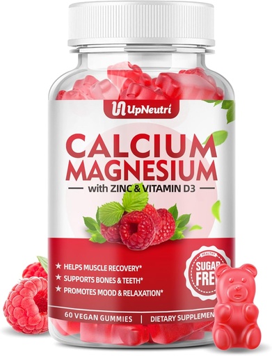 [BRSRO2YYAAHGYEL6] Calcium Magnesium Zinc with Vitamin D3 Supplement, Sugar Free Calcium Gummies for Women Men, High Absorption Zinc Gummies for Bone & Muscle & Immune Health, Vegan Raspberry Flavor - 60 Count