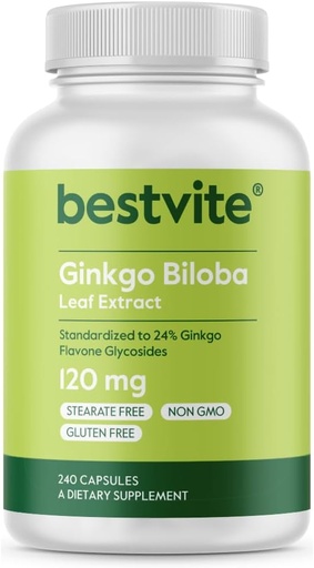 [BRSWIZIOO55QAHD6] BESTVITE Ginkgo Biloba 120mg (240 kapsulak) - Ez Stearates - Ez GMO - Gluten Free - 24% Ginkgo Flavone Glycosides