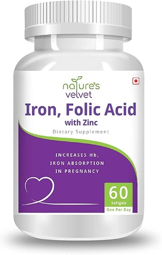 [BRSW2AQHBMJROC3D] AZAZ Natures Velvet Lifecare Iron & Folic Acid with Zinc,for Supplementation in Pregnancy, 60 softgels - Pack of 1