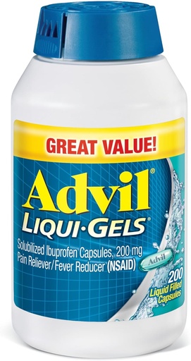 [BRSWKYQPAIOGYFDC] Advil Liqui- Gels Pain Reliever and Fever Reducer, Pain Medicine pro dospělé s Ibuprofen 200mg pro bolest hlavy, záda, menstruační bolest a kloubní bolest - 200 Tekuté plněné kapsle