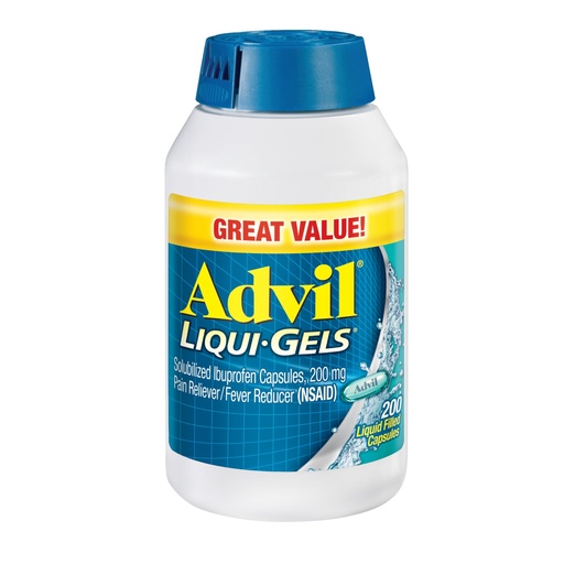 [BRSWKYQPAIOGYFDC] Advil Liqui-Gels Pain Reliever and Fever Reducer, Pain Medicine for Adults with Ibuprofen 200mg for Headache, Backache, Menstrual Pain and Joint Pain Relief - 200 Liquid Filled Capsules