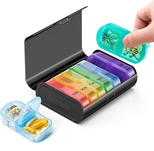 [BRSRAYIZBUMB6YA2] Zannaki Metal XL Weekly Pill Organizer 2 Times a Day, Large Travel Daily Pill Box 7 Day, Portable Week Twice Pill Holder Container, AM PM Pill Case for Medicine Vitamin Medication Supplement, Black