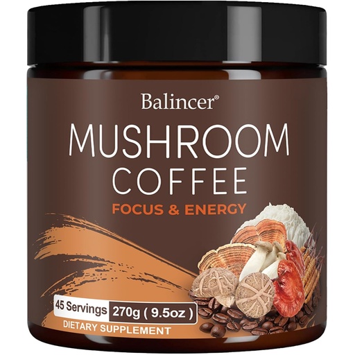 [BRSRAAL3OB6BGHTD] Mushroom Coffee, 6 Adaptogenic Mushrooms with Lion's Mane, Cordyceps, Turkey Tail & More, Instant Mushroom Coffee for Focus, Energy, Immune & Digestion Support